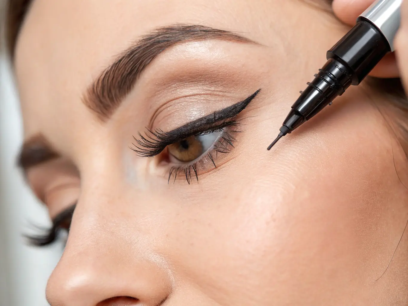 A detailed image of a woman's eyes with expertly applied permanent eyeliner, highlighting the precision and definition achieved at Sacred Face Salon. The focus is on the crisp, clean line of the eyeliner, with a blurred background of salon equipment.