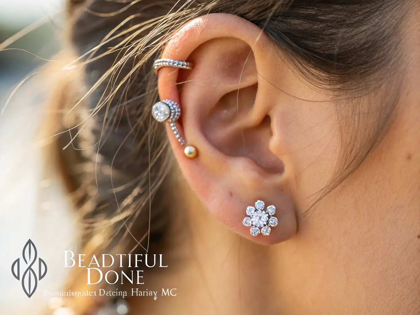 A close-up image of a perfectly pierced ear with delicate, elegant jewelry, showcasing the salon's piercing services.