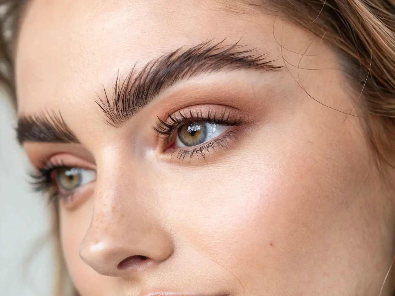 A close-up shot of perfectly shaped and shaded permanent powder brows on a woman in her 40s, showcasing the natural, soft makeup look achieved at Sacred Face Salon. The background is a blurred salon setting with terracotta and dark green accents.