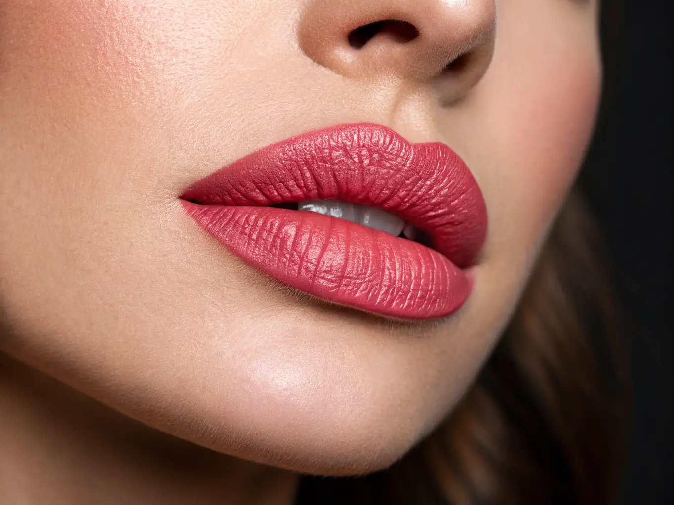 A close-up shot of a woman's lips with a subtle, natural-looking permanent lip blush, showcasing the enhanced color and shape achieved at Sacred Face Salon. The background features a blurred view of the salon's interior with dark green and terracotta elements.