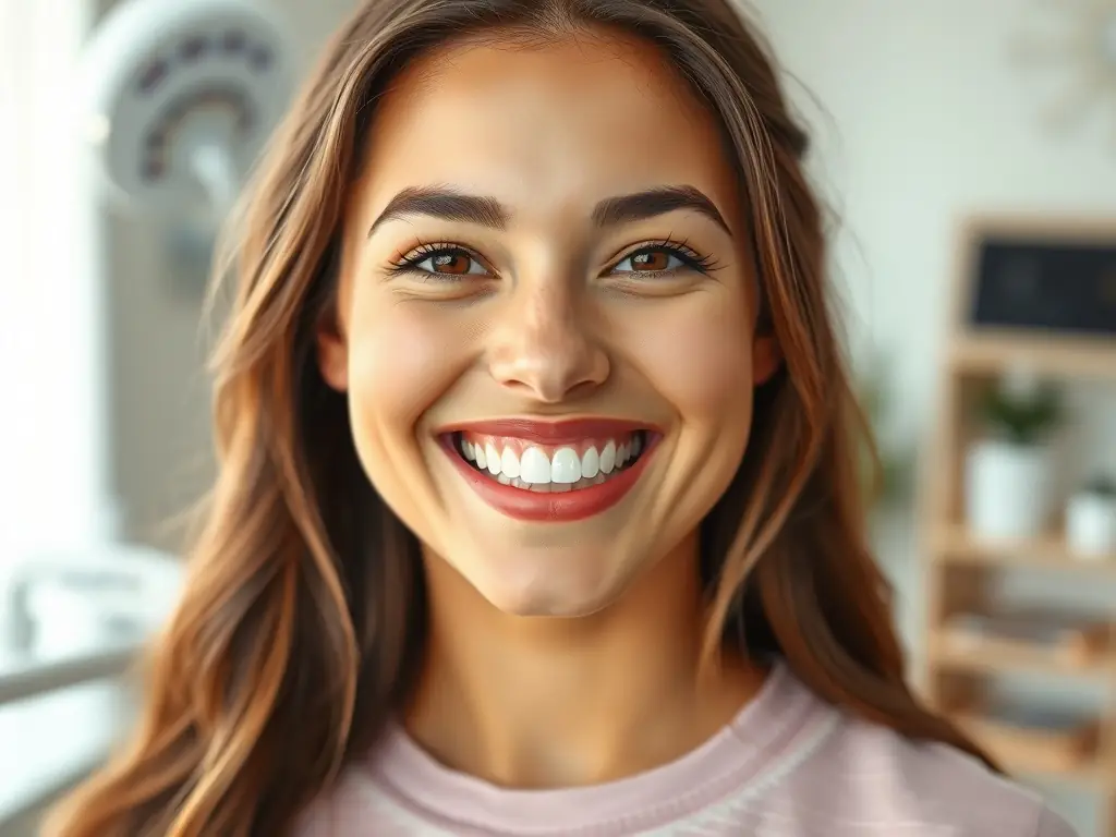 A woman smiling brightly, showcasing the results of a natural laser teeth whitening treatment.